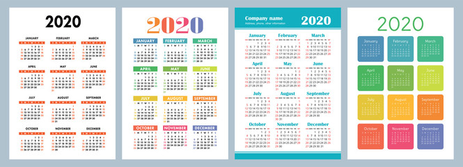 2020 calendar English calender design template colorful