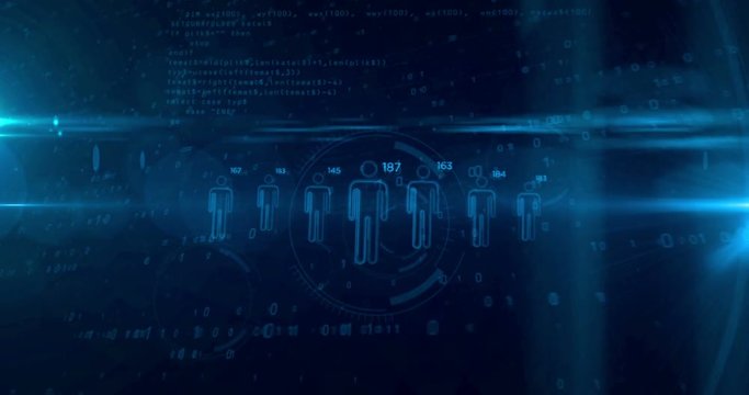 Social scoring and people rating advanced algorithm concept on digital background. Profiling and human behavior analysis by artificial intelligence technology in looping and seamless animation.