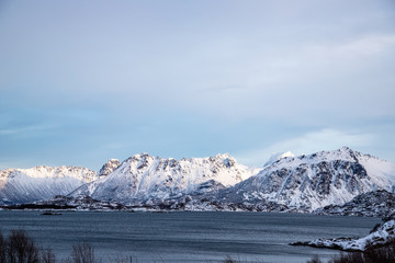 Fototapeta na wymiar Fiord (fjord) in winter season, Lofoten Islands, Norway
