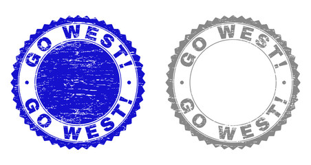 Grunge GO WEST! stamp seals isolated on a white background. Rosette seals with distress texture in blue and gray colors. Vector rubber stamp imprint of GO WEST! title inside round rosette.