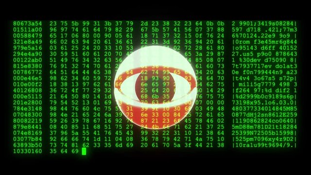 spy hacker wathing eye with encrypted fast long scrolling programming security hacking code data flow stream on display new quality numbers letters coding techno joyful video 4k stock footage