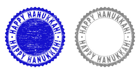Grunge HAPPY HANUKKAH! stamp seals isolated on a white background. Rosette seals with grunge texture in blue and gray colors.