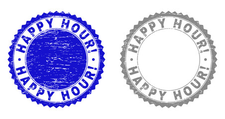 Grunge HAPPY HOUR! stamp seals isolated on a white background. Rosette seals with grunge texture in blue and gray colors. Vector rubber overlay of HAPPY HOUR! title inside round rosette.