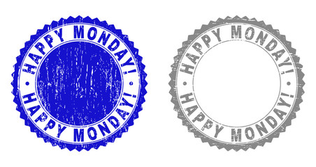 Grunge HAPPY MONDAY! stamp seals isolated on a white background. Rosette seals with grunge texture in blue and grey colors. Vector rubber stamp imitation of HAPPY MONDAY! label inside round rosette.