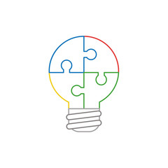 Flat design style vector concept of bulb-shaped four jigsaw puzzle pieces icon connected on white. White and colored outlines.