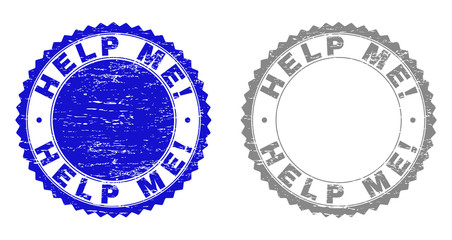 Grunge HELP ME! stamp seals isolated on a white background. Rosette seals with grunge texture in blue and grey colors. Vector rubber watermark of HELP ME! title inside round rosette.