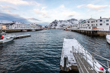 Fototapeta premium Venice of the North, Henningsvaer a fishing village in Vagan Municipality in Nordland county, Lofoten Islands, Norway