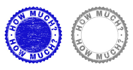 Grunge HOW MUCH? stamp seals isolated on a white background. Rosette seals with grunge texture in blue and gray colors. Vector rubber overlay of HOW MUCH? tag inside round rosette.