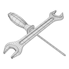 Wrench and screwdriver. Spanner repair tool. Mechanic or engineer instruments. Support service wireframe low poly mesh vector illustration