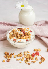 Natural yoghurt with granola nuts and dried fruits. natural healthy food.