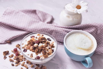 Natural yoghurt with granola nuts and dried fruits. natural healthy food.