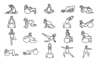 Gymnastic for pregnant icon set. Set of 20 Yoga poses for Pregnant women. Prenatal exercise. Fitness healthy lifestyle. Vector illustration.