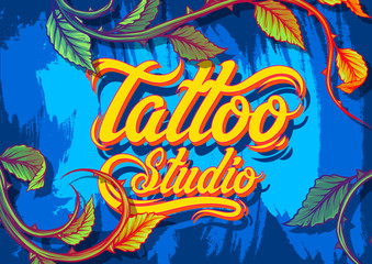 Fototapeta na wymiar Graphic hand drawn yellow tattoo studio text banner. On blue grunge background with rose branch, stem with leaves and thorns. Vector icon.