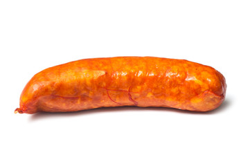 Closeup of smoked sausage on white background 