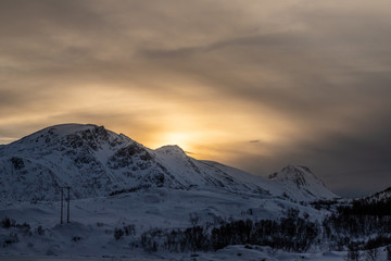 snow-covered mountains at sunset, Lofoten Islands, Norway