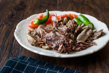 Traditional Turkish Offal Food Kelle Sogus / Lamb Head Meat with Brain Served Portion with Plate.