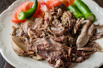 Traditional Turkish Offal Food Kelle Sogus / Lamb Head Meat with Brain Served Portion with Plate.