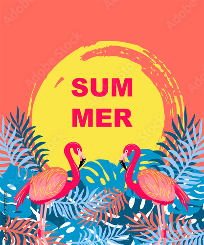 Sunset Or Sunrise With Pink Flamingo And Exotic Leaves Tropical