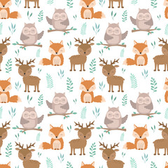 Seamless boho pattern. Illustration of funny forest animals. Vector image of a owl, deer, fox with leaves and plants. For print, textile, holiday, child, baby shower, birthday, clothes, spring, summer