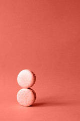 Two sweet macaroon on a fashionable coral-colored background.