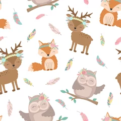Wall murals Little deer Seamless boho pattern. Vector image on national American motifs. Illustration of a hand-drawn fox, deer and owl with feathers. For print, background, textile, holiday, children, baby, birthday, party