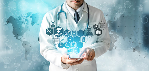Medical Healthcare Research and Development Concept. Doctor in hospital lab with science health...