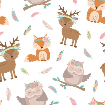 Seamless boho pattern. Vector image on national American motifs. Illustration of a hand-drawn fox, deer and owl with feathers. For print, background, textile, holiday, children, baby, birthday, party
