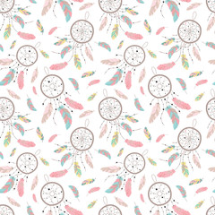 Seamless boho pattern. Vector image on national American motifs. Illustration of dreamcatchers with feathers and beads. For print, background, textile, wrapping paper, holiday, birthday, baby shower