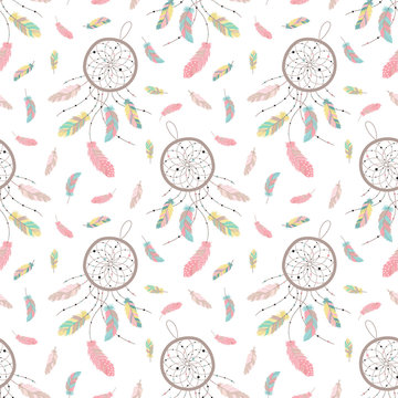 Seamless boho pattern. Vector image on national American motifs. Hand-drawn Illustration of dreamcatcher with feathers and beads. For print, background, textile, wrapping paper, holiday, birthday