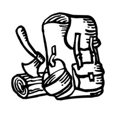 Rucksack and ax and wood, tramp and scout symbol, pen drawing black and white