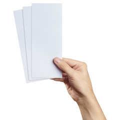 Male hand holding three blank sheets of paper (tickets, flyers, invitations, coupons, banknotes, etc.), isolated on white background