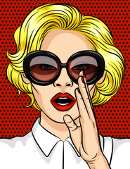 Color vector illustration in pop art style. The girl the blonde in dark glasses tells a secret. A beautiful lady with red lips holds her hand at her mouth. The girl over the red dotted background