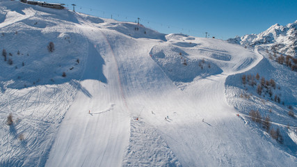 Ski slopes in a ski station, aerial view