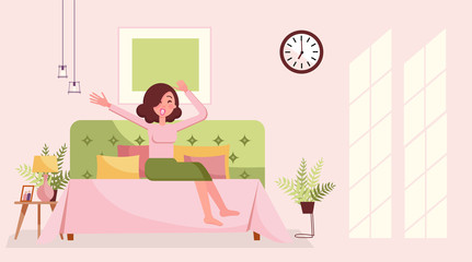 Good morning girl stretch yawn in bed. Sleepy young woman in bed yawning and stretchin. Morning bedroom interior in gentle pink tones with sunlight on the wall. Flat cartoon style vector illustration.