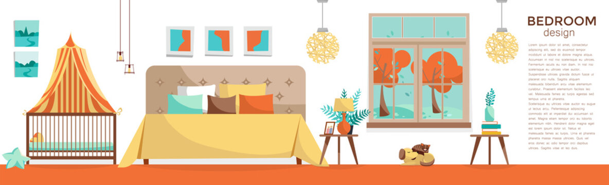 Panoramic horizontal banner with bedroom furniture: double bed, baby bed with canopy on white background. Room with bed and cot. Nursery and bedroom interior. Flat cartoon style vector illustration.