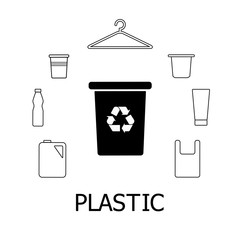Collection of black and white icons of plastic waste. Pastic garbage and bin with recycling marc. Vector concept