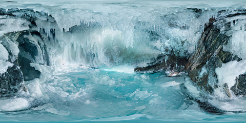 blue Ice cave grotto on Olkhon Island, Lake Baikal, covered with icicles. Spherical panorama 360vr