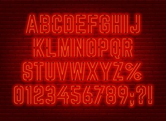 Fototapeta premium Neon bright red font with numbers. Vector illustration.