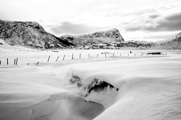Haukland Beach and snow-covered mountains, Lofoten Islands, Norway