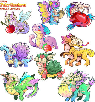 Cute, small, cartoon, garden dragons, set of funny images