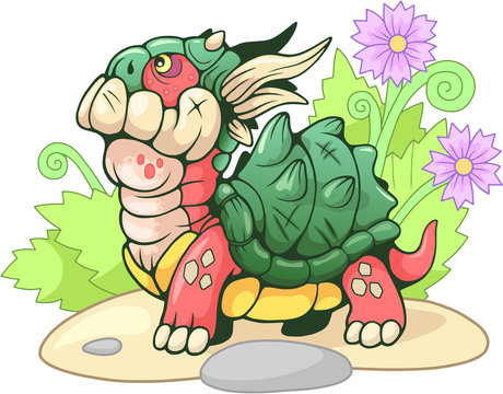 Cute little cartoon turtle dragon, funny illustration