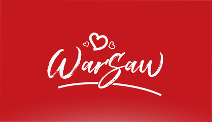 warsaw white city hand written text with heart logo on red background