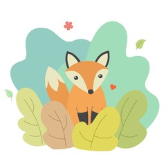 Cute little fox in shrubs. Simple vector illustration. Colorful animal character