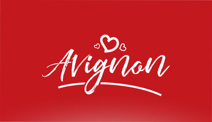 avignon white city hand written text with heart logo on red background