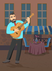 Man with guitar stands near the restaurant and sings.