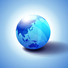 China, Japan, Malaysia, Thailand, Indonesia, Australia, Asia, Globe Icon 3D illustration, Glossy, Shiny Sphere with Global Map in Subtle Blues giving a transparent feel