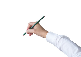 Business person's hand with sleeve holding pencil isolated on white background with clipping path