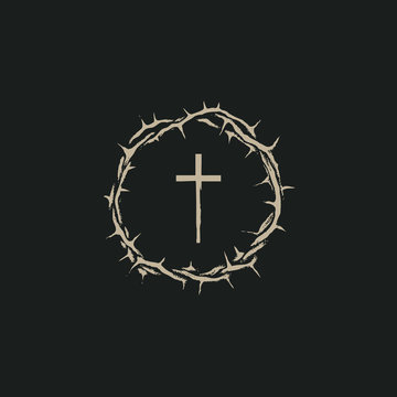 Vector Easter banner with crown of thorns and cross on the black background