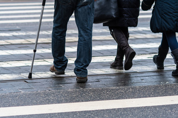 View of pedestrians legs crossing the white zebra crossing line - Image