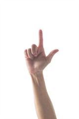Woman's hand with index pointing finger with rim light isolated on white background (clipping path)